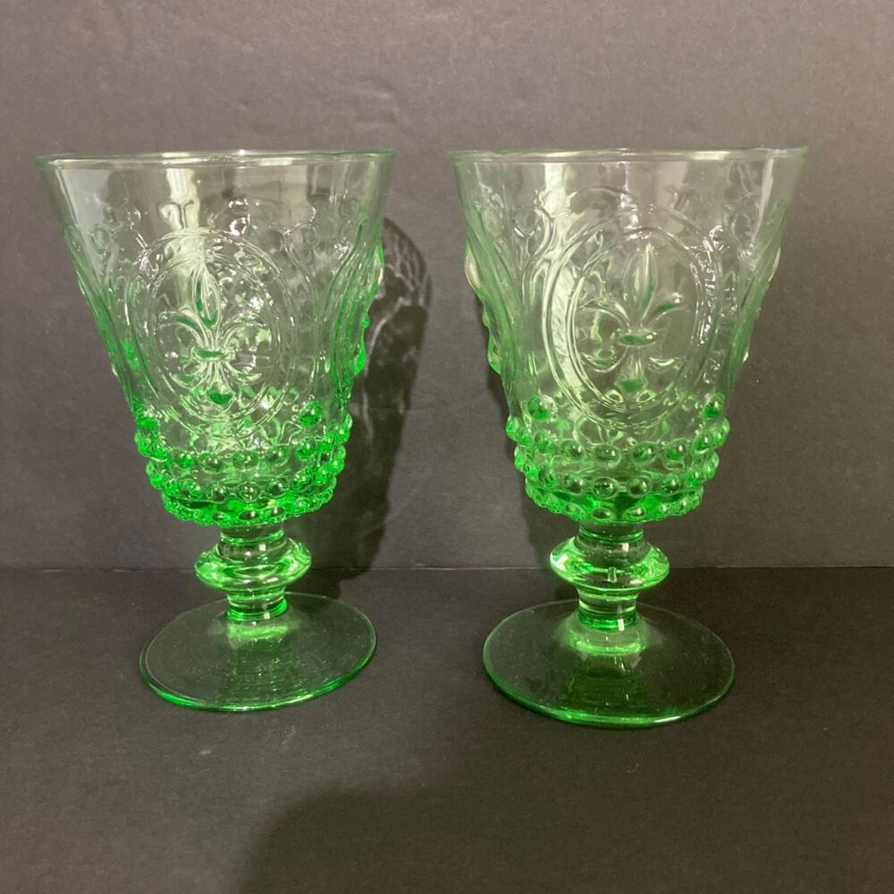 Fleur De Lis Goblet Water Wine Glass Set 2 Green Glass Hobnail French Drinkware